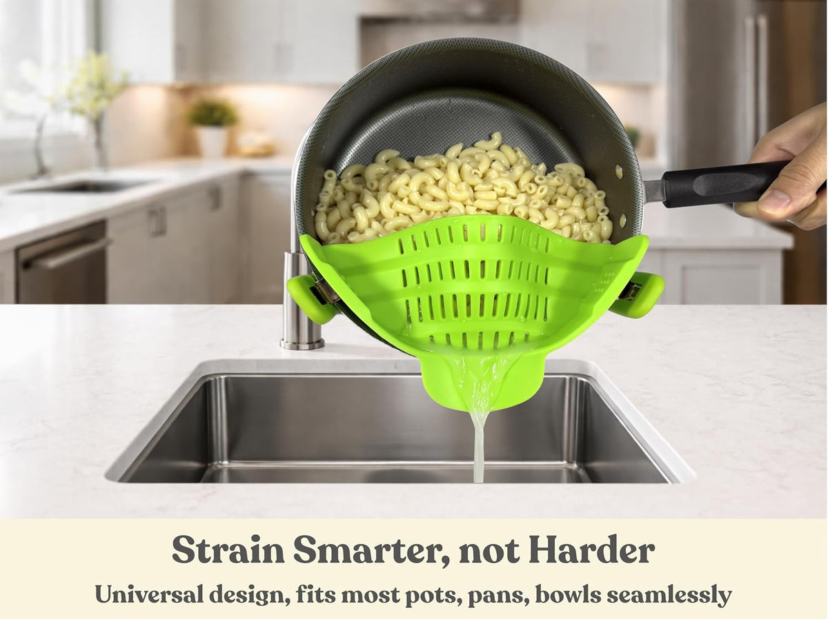 Clip On Strainer Silicone for Pots and Pans, Universal Fit Pasta Strainer and Pot Colander, Space Saving Food Drainer with Collapsible Funnel and Garlic Peeler, 3 Pcs Set, Black