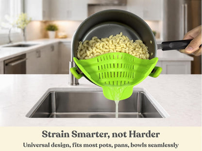 Clip On Strainer Silicone for Pots and Pans, Universal Fit Pasta Strainer and Pot Colander, Space Saving Food Drainer with Collapsible Funnel and Garlic Peeler, 3 Pcs Set, Black