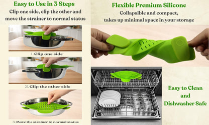 Clip On Strainer Silicone for Pots and Pans, Universal Fit Pasta Strainer and Pot Colander, Space Saving Food Drainer with Collapsible Funnel and Garlic Peeler, 3 Pcs Set, Black
