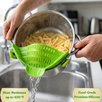 Clip On Strainer Silicone for Pots and Pans, Universal Fit Pasta Strainer and Pot Colander, Space Saving Food Drainer with Collapsible Funnel and Garlic Peeler, 3 Pcs Set, Black