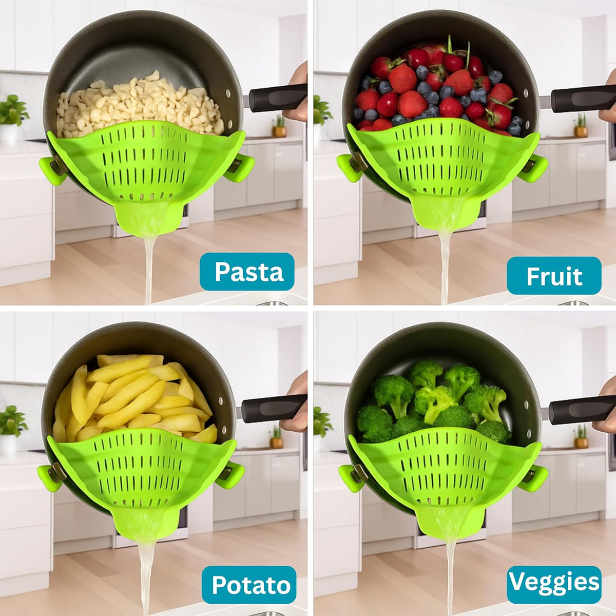 Clip On Strainer Silicone for Pots and Pans, Universal Fit Pasta Strainer and Pot Colander, Space Saving Food Drainer with Collapsible Funnel and Garlic Peeler, 3 Pcs Set, Black