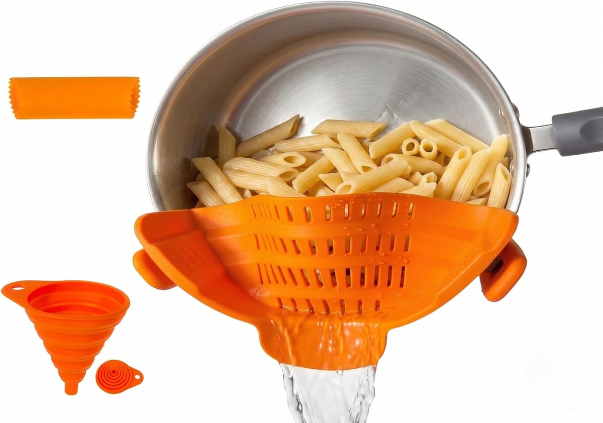 Clip On Strainer Silicone for Pots and Pans, Universal Fit Pasta Strainer and Pot Colander, Space Saving Food Drainer with Collapsible Funnel and Garlic Peeler, 3 Pcs Set, Black
