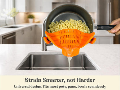 Clip On Strainer Silicone for Pots and Pans, Universal Fit Pasta Strainer and Pot Colander, Space Saving Food Drainer with Collapsible Funnel and Garlic Peeler, 3 Pcs Set, Black