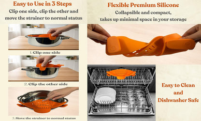 Clip On Strainer Silicone for Pots and Pans, Universal Fit Pasta Strainer and Pot Colander, Space Saving Food Drainer with Collapsible Funnel and Garlic Peeler, 3 Pcs Set, Black