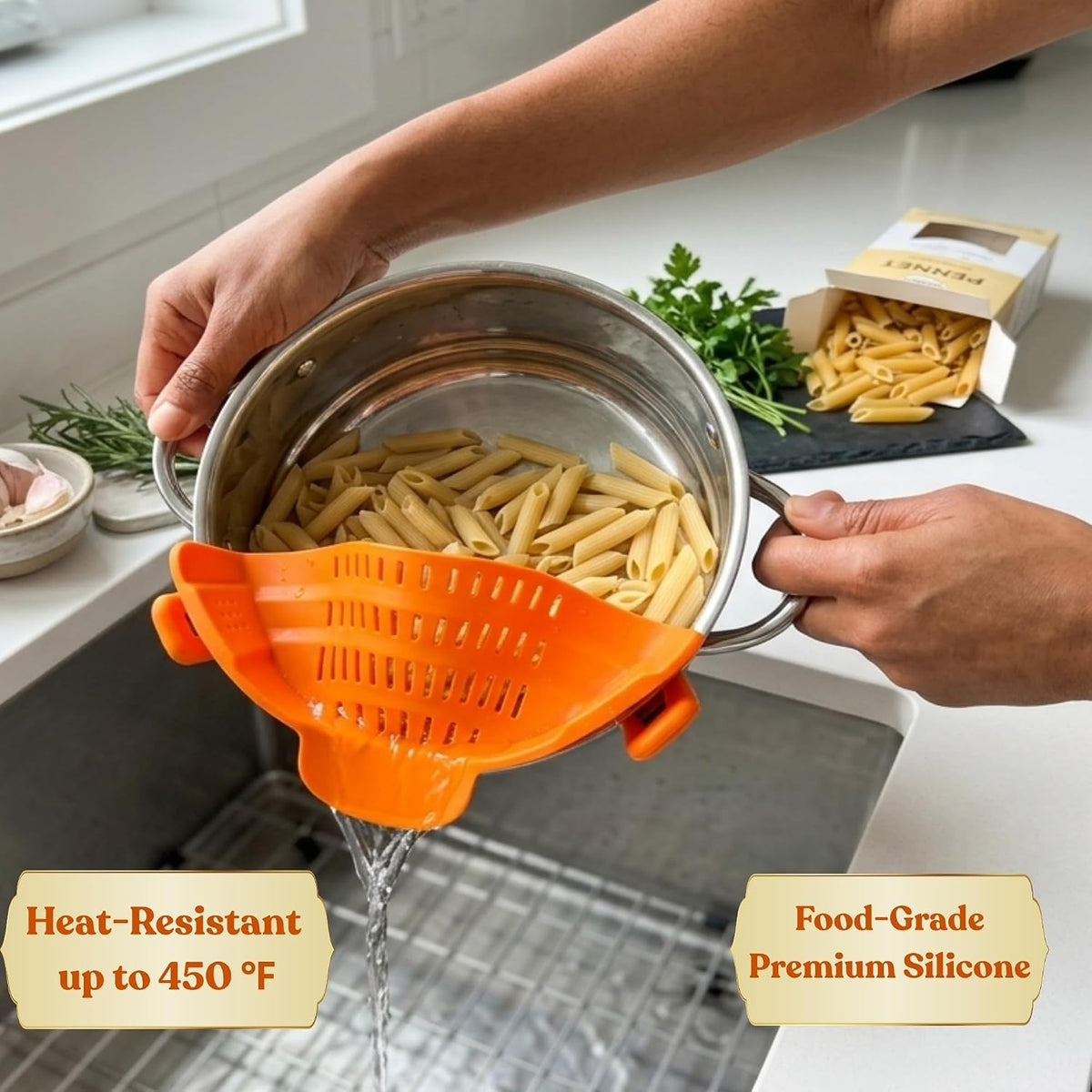 Clip On Strainer Silicone for Pots and Pans, Universal Fit Pasta Strainer and Pot Colander, Space Saving Food Drainer with Collapsible Funnel and Garlic Peeler, 3 Pcs Set, Black