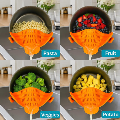 Clip On Strainer Silicone for Pots and Pans, Universal Fit Pasta Strainer and Pot Colander, Space Saving Food Drainer with Collapsible Funnel and Garlic Peeler, 3 Pcs Set, Black