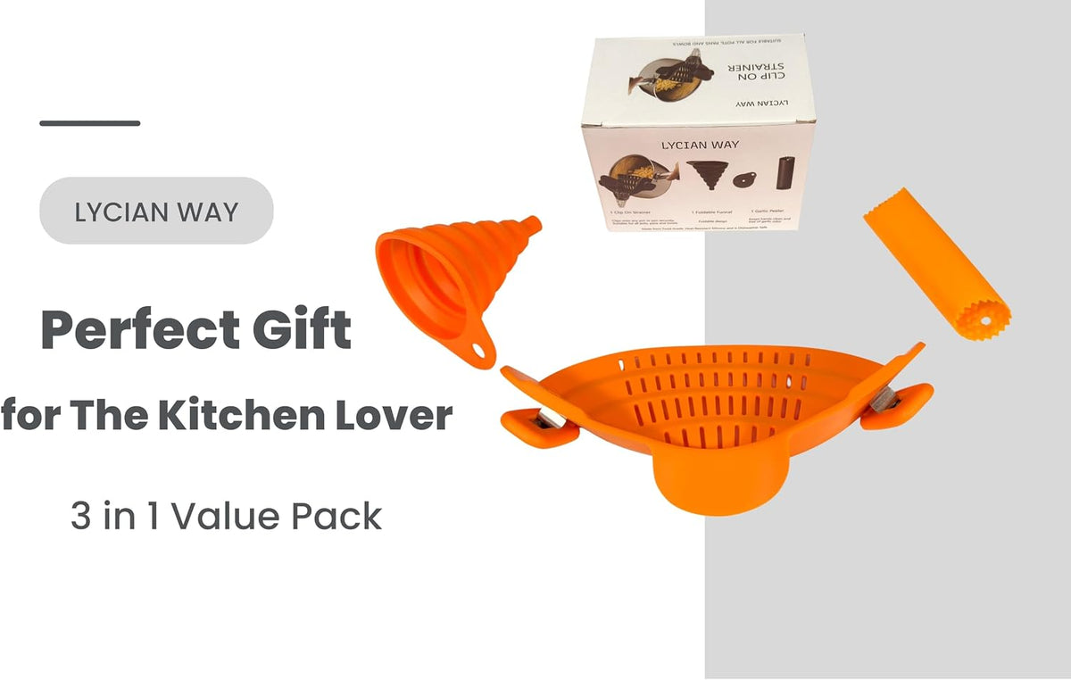 Clip On Strainer Silicone for Pots and Pans, Universal Fit Pasta Strainer and Pot Colander, Space Saving Food Drainer with Collapsible Funnel and Garlic Peeler, 3 Pcs Set, Black
