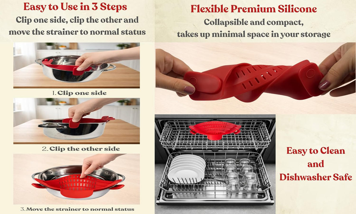 Clip On Strainer Silicone for Pots and Pans, Universal Fit Pasta Strainer and Pot Colander, Space Saving Food Drainer with Collapsible Funnel and Garlic Peeler, 3 Pcs Set, Black