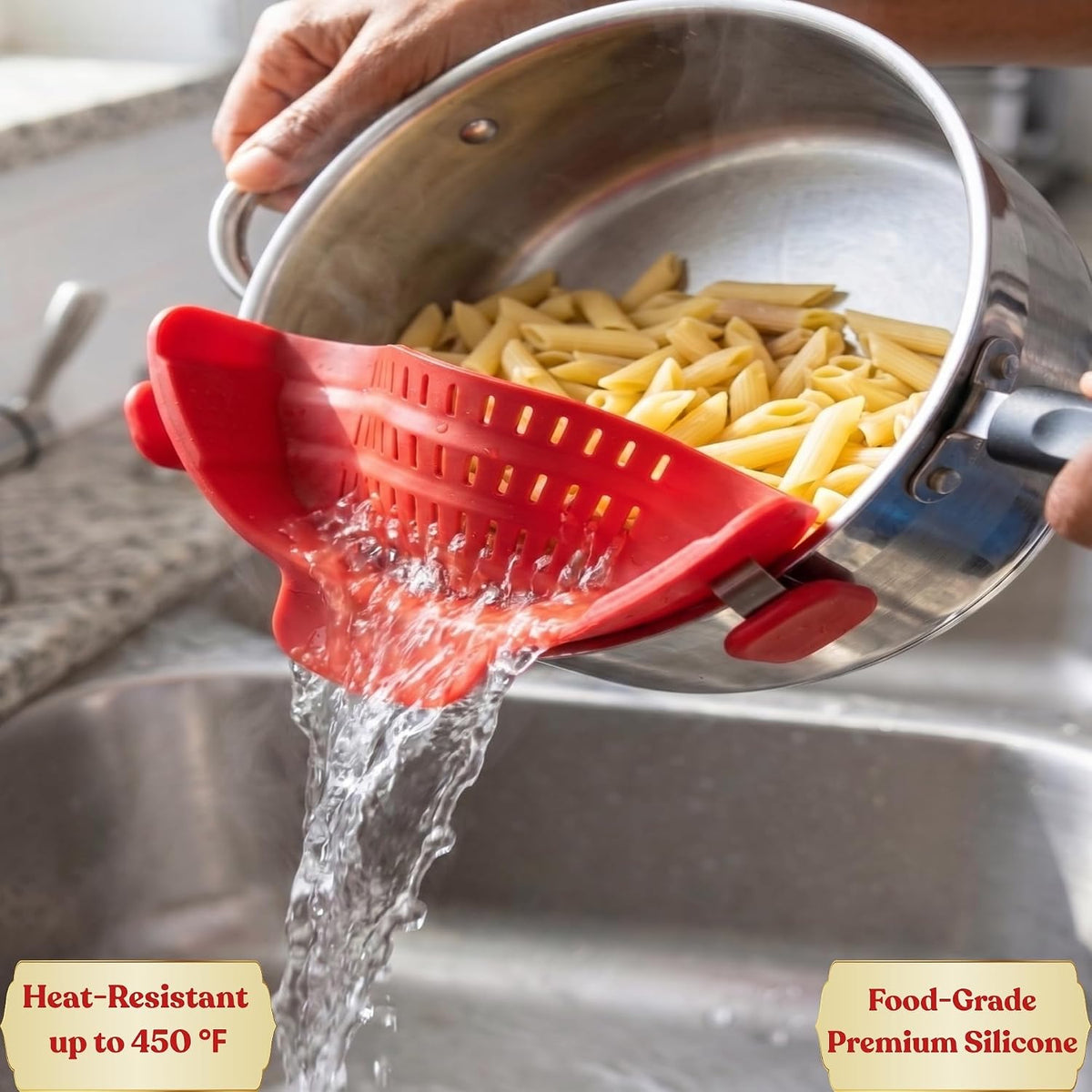 Clip On Strainer Silicone for Pots and Pans, Universal Fit Pasta Strainer and Pot Colander, Space Saving Food Drainer with Collapsible Funnel and Garlic Peeler, 3 Pcs Set, Black