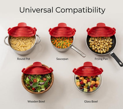 Clip On Strainer Silicone for Pots and Pans, Universal Fit Pasta Strainer and Pot Colander, Space Saving Food Drainer with Collapsible Funnel and Garlic Peeler, 3 Pcs Set, Black
