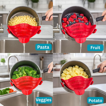Clip On Strainer Silicone for Pots and Pans, Universal Fit Pasta Strainer and Pot Colander, Space Saving Food Drainer with Collapsible Funnel and Garlic Peeler, 3 Pcs Set, Black