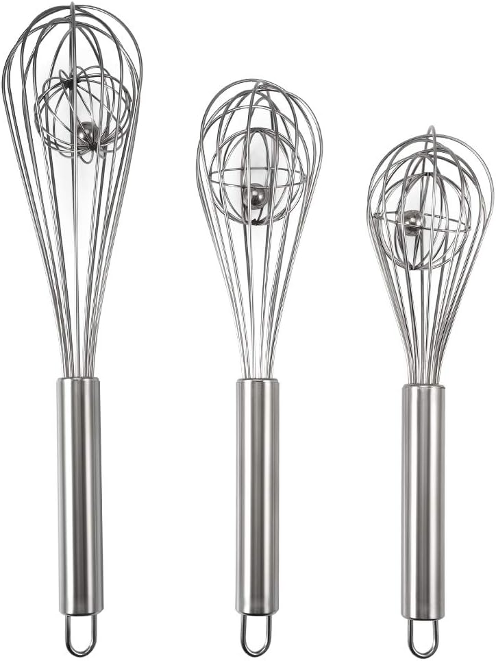 3 Pack 8, 10, 12 inches Balloon Whisk Double Balloon Wire Whisk Blending Whisking Beating Stirring Egg Beater Stainless Steel (with inside Ball)