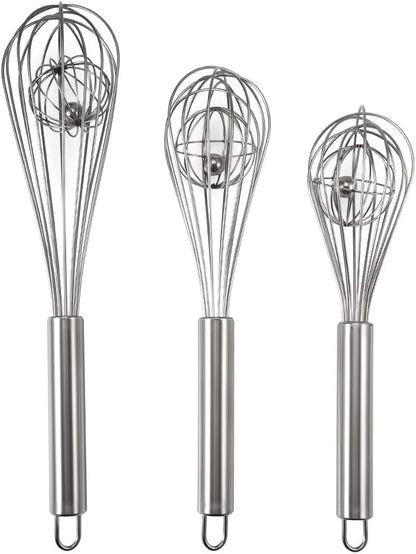 3 Pack 8, 10, 12 inches Balloon Whisk Double Balloon Wire Whisk Blending Whisking Beating Stirring Egg Beater Stainless Steel (with inside Ball)