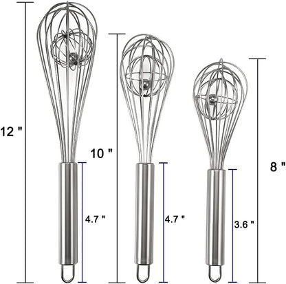 3 Pack 8, 10, 12 inches Balloon Whisk Double Balloon Wire Whisk Blending Whisking Beating Stirring Egg Beater Stainless Steel (with inside Ball)