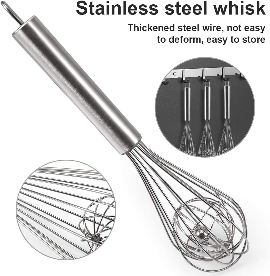 3 Pack 8, 10, 12 inches Balloon Whisk Double Balloon Wire Whisk Blending Whisking Beating Stirring Egg Beater Stainless Steel (with inside Ball)