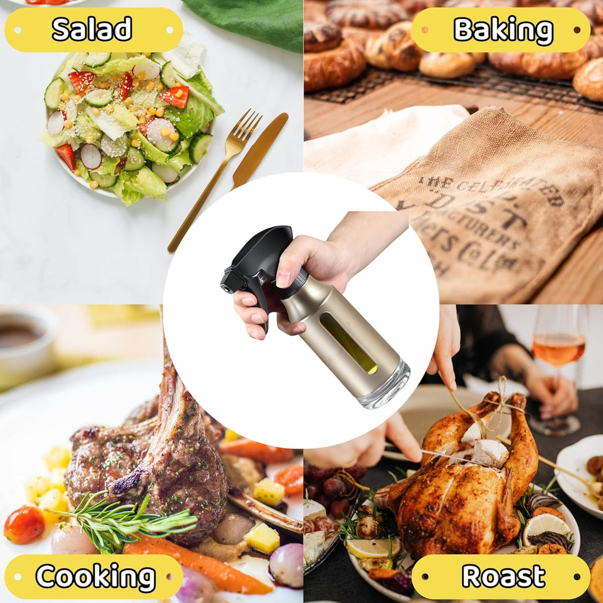 Oil Sprayer for Cooking, Olive Oil Sprayer, 180ml Oil Spray Bottle for BBQ, Roasting, Salad, Kitchen Gadgets Accessories for Air Fryer. Thick Glass, Fan mist, Strong Spray Force. (Classic, Gold)