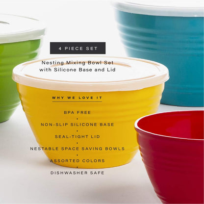 Mixing Bowl Set with Lids | Versatile Plastic Bowls for Kitchen Mixing, Serving, and Storage - 4-Piece Mixing Bowl Set in Various Sizes | Space-Saving Nesting Design | Dishwasher Safe