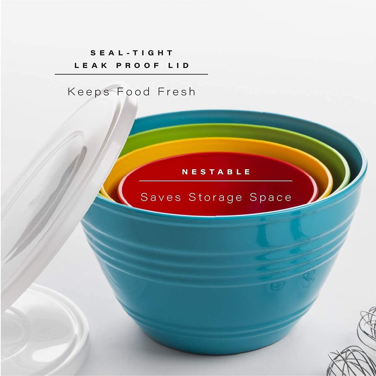 Mixing Bowl Set with Lids | Versatile Plastic Bowls for Kitchen Mixing, Serving, and Storage - 4-Piece Mixing Bowl Set in Various Sizes | Space-Saving Nesting Design | Dishwasher Safe