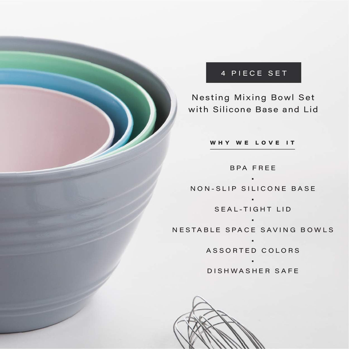 Mixing Bowl Set with Lids | Versatile Plastic Bowls for Kitchen Mixing, Serving, and Storage - 4-Piece Mixing Bowl Set in Various Sizes | Space-Saving Nesting Design | Dishwasher Safe