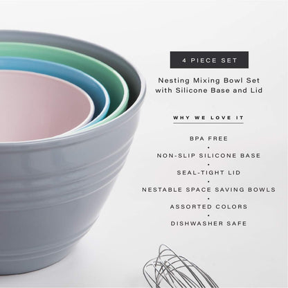 Mixing Bowl Set with Lids | Versatile Plastic Bowls for Kitchen Mixing, Serving, and Storage - 4-Piece Mixing Bowl Set in Various Sizes | Space-Saving Nesting Design | Dishwasher Safe