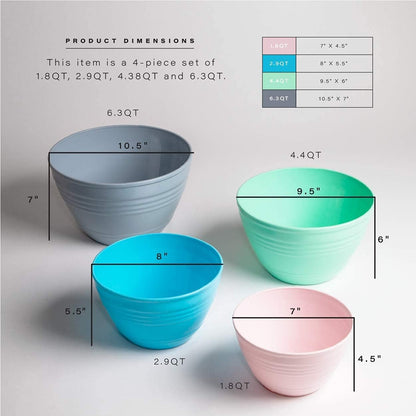 Mixing Bowl Set with Lids | Versatile Plastic Bowls for Kitchen Mixing, Serving, and Storage - 4-Piece Mixing Bowl Set in Various Sizes | Space-Saving Nesting Design | Dishwasher Safe
