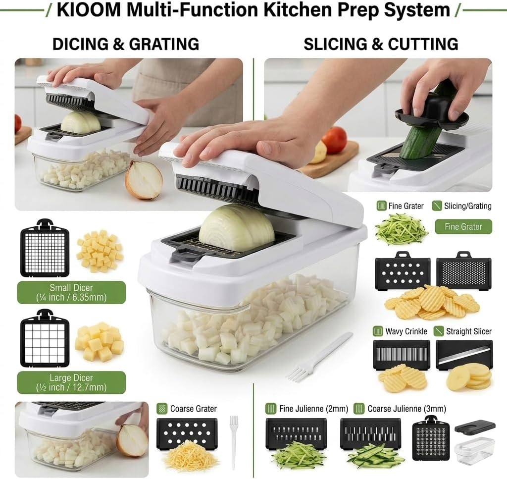 Vegetable Chopper 15 in 1 with Container – Mandoline Slicer, Onion Chopper Dicer, Food Chopper, Cheese Grater & Veggie Slicer for Kitchen Meal Prep