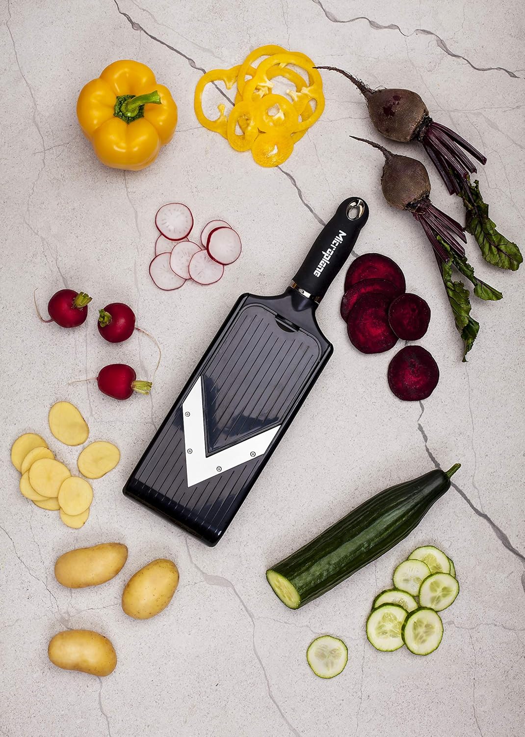 Adjustable Mandoline Slicer with V-Blade and Julienne Stainless Steel Blades, Handheld Mandoline for Potatoes, Carrots and Other Vegetables