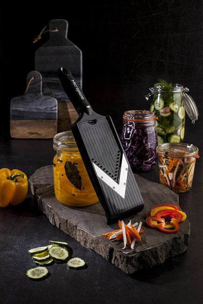 Adjustable Mandoline Slicer with V-Blade and Julienne Stainless Steel Blades, Handheld Mandoline for Potatoes, Carrots and Other Vegetables