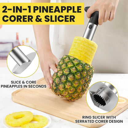 AUBENR Premium Pineapple Corer and Slicer Tool - Sharp Pineapple Cutter with Serrated Tips - Easy to Use and Clean - Stainless Steel Core Remover for Pineapple - Core Fruits with Ease(Black)
