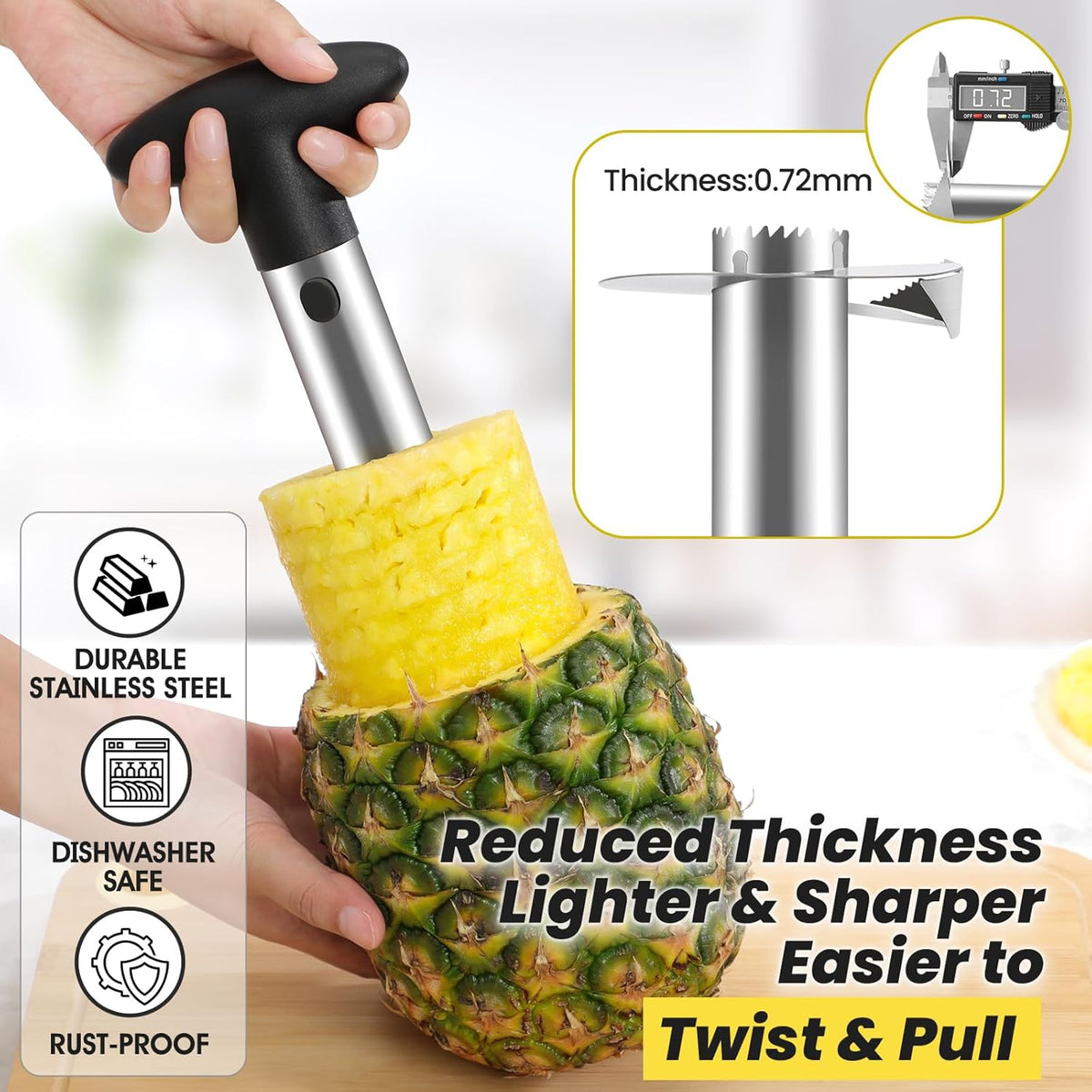 AUBENR Premium Pineapple Corer and Slicer Tool - Sharp Pineapple Cutter with Serrated Tips - Easy to Use and Clean - Stainless Steel Core Remover for Pineapple - Core Fruits with Ease(Black)