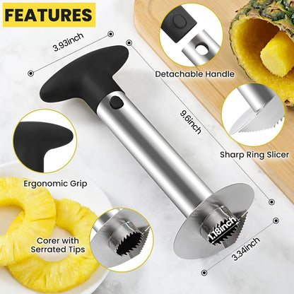 AUBENR Premium Pineapple Corer and Slicer Tool - Sharp Pineapple Cutter with Serrated Tips - Easy to Use and Clean - Stainless Steel Core Remover for Pineapple - Core Fruits with Ease(Black)