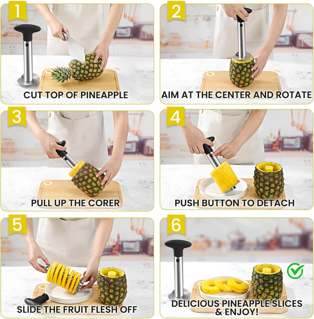 AUBENR Premium Pineapple Corer and Slicer Tool - Sharp Pineapple Cutter with Serrated Tips - Easy to Use and Clean - Stainless Steel Core Remover for Pineapple - Core Fruits with Ease(Black)