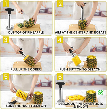 AUBENR Premium Pineapple Corer and Slicer Tool - Sharp Pineapple Cutter with Serrated Tips - Easy to Use and Clean - Stainless Steel Core Remover for Pineapple - Core Fruits with Ease(Black)