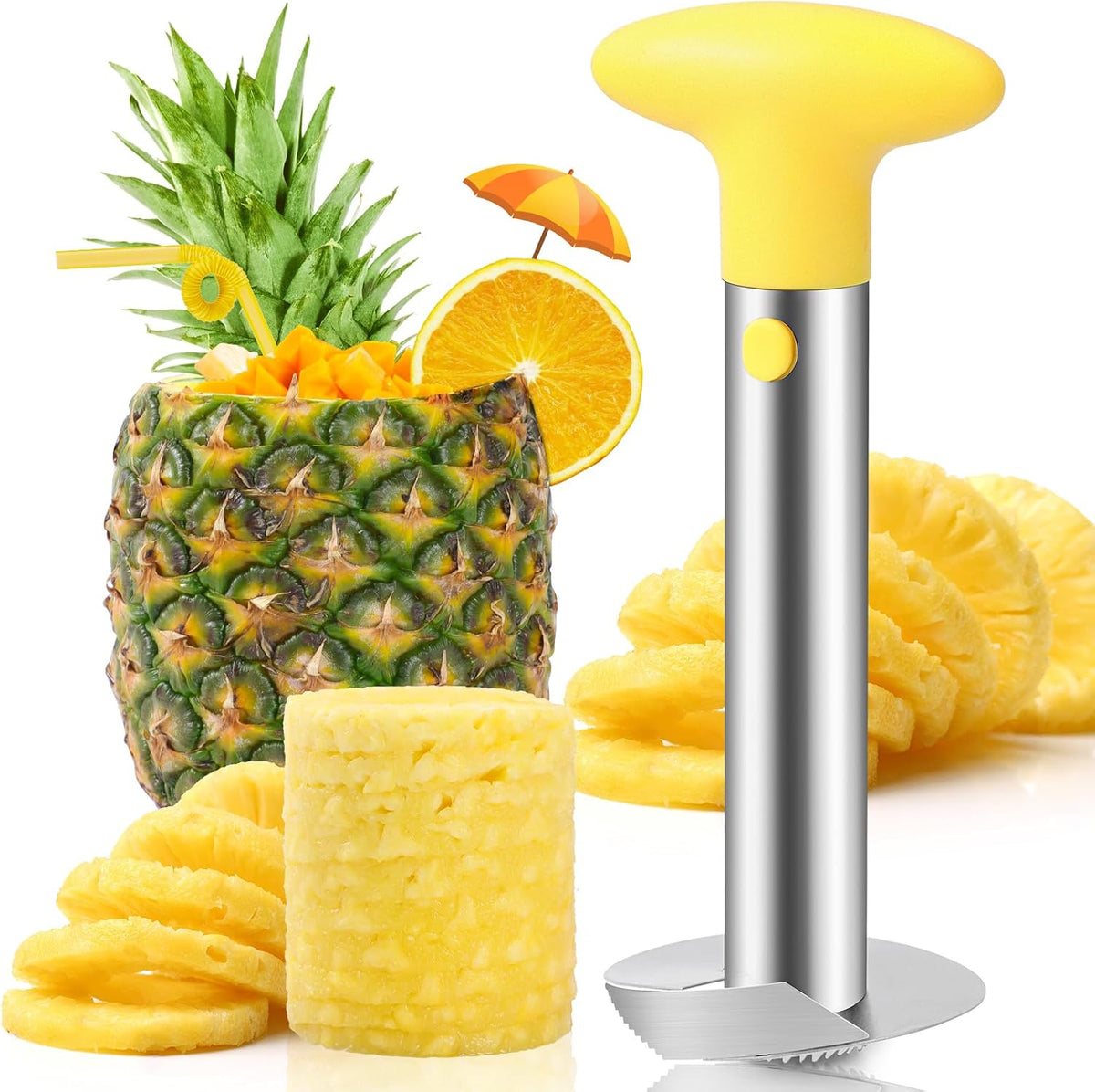 AUBENR Premium Pineapple Corer and Slicer Tool - Sharp Pineapple Cutter with Serrated Tips - Easy to Use and Clean - Stainless Steel Core Remover for Pineapple - Core Fruits with Ease(Black)
