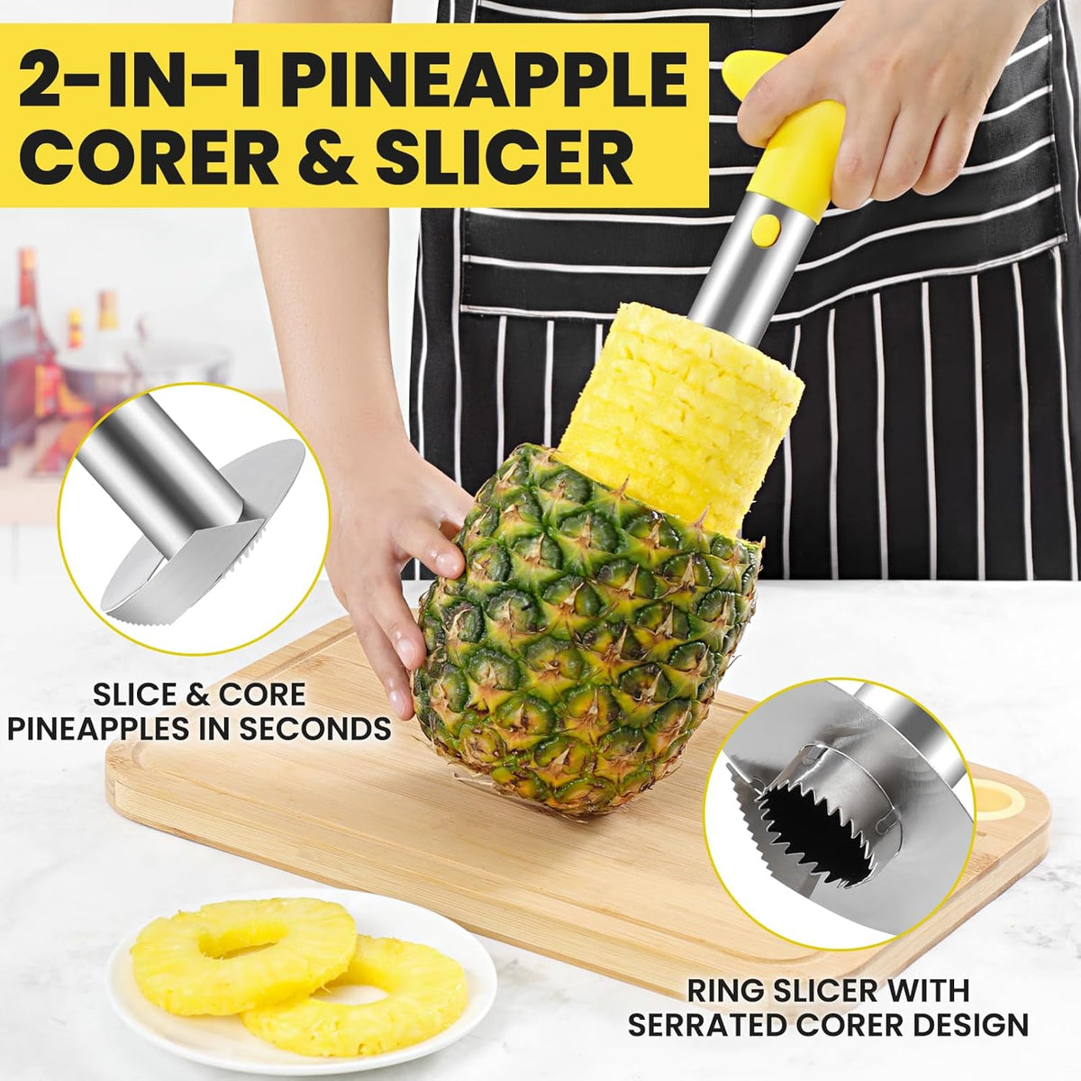 AUBENR Premium Pineapple Corer and Slicer Tool - Sharp Pineapple Cutter with Serrated Tips - Easy to Use and Clean - Stainless Steel Core Remover for Pineapple - Core Fruits with Ease(Black)