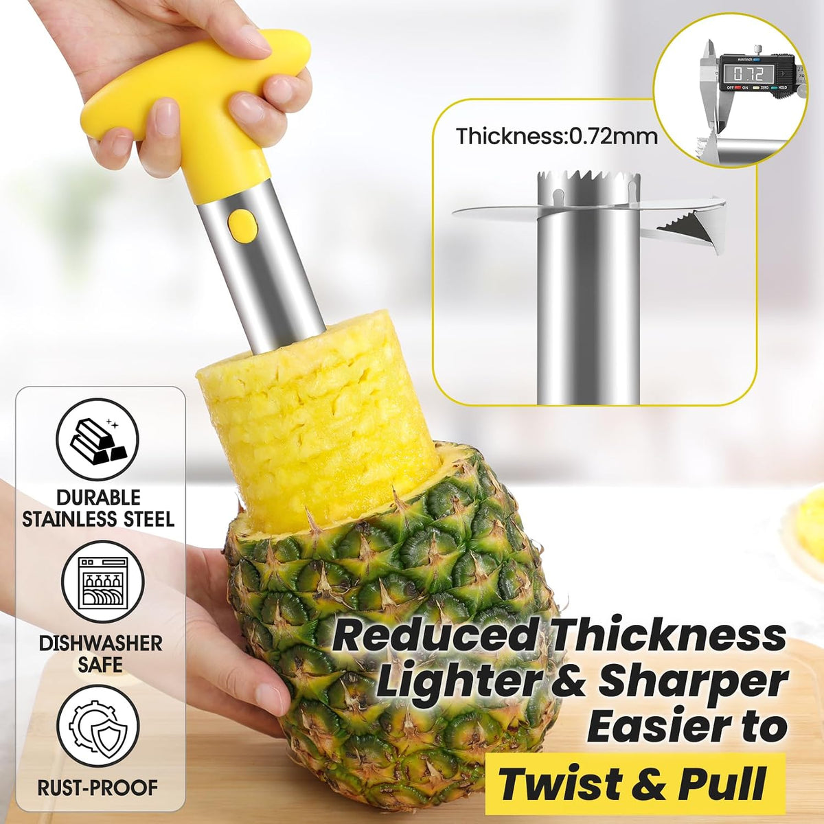 AUBENR Premium Pineapple Corer and Slicer Tool - Sharp Pineapple Cutter with Serrated Tips - Easy to Use and Clean - Stainless Steel Core Remover for Pineapple - Core Fruits with Ease(Black)