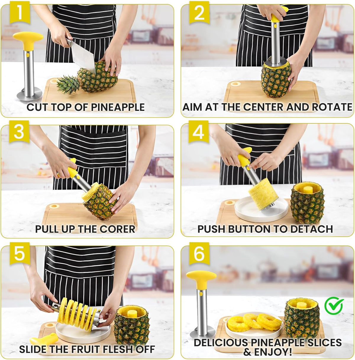 AUBENR Premium Pineapple Corer and Slicer Tool - Sharp Pineapple Cutter with Serrated Tips - Easy to Use and Clean - Stainless Steel Core Remover for Pineapple - Core Fruits with Ease(Black)