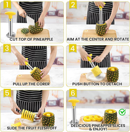 AUBENR Premium Pineapple Corer and Slicer Tool - Sharp Pineapple Cutter with Serrated Tips - Easy to Use and Clean - Stainless Steel Core Remover for Pineapple - Core Fruits with Ease(Black)