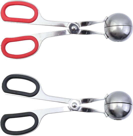 2Pcs Meatball Maker Tongs None-Stick Meatball Maker Stainless Steel Meat Ballers Scoop Ball Maker Ice Tongs for Meat, Cake Pop, Ice Cream Scoop, Fruit, Cookie Dough, Melon -Black & Red（M Size）