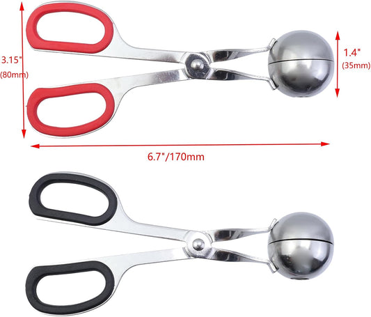 2Pcs Meatball Maker Tongs None-Stick Meatball Maker Stainless Steel Meat Ballers Scoop Ball Maker Ice Tongs for Meat, Cake Pop, Ice Cream Scoop, Fruit, Cookie Dough, Melon -Black & Red（M Size）