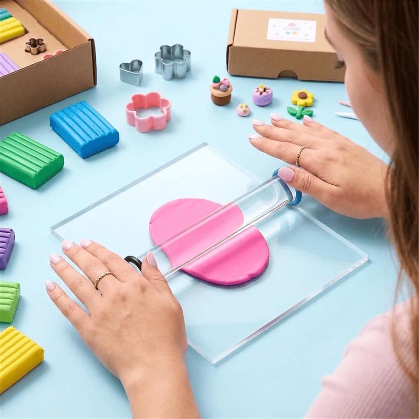 2Pcs Polymer Clay Roller Tools, Acrylic Rolling Pin with Thickness Rings Kit, Air Dry Clay Tools Clear Slab Roller Supplies