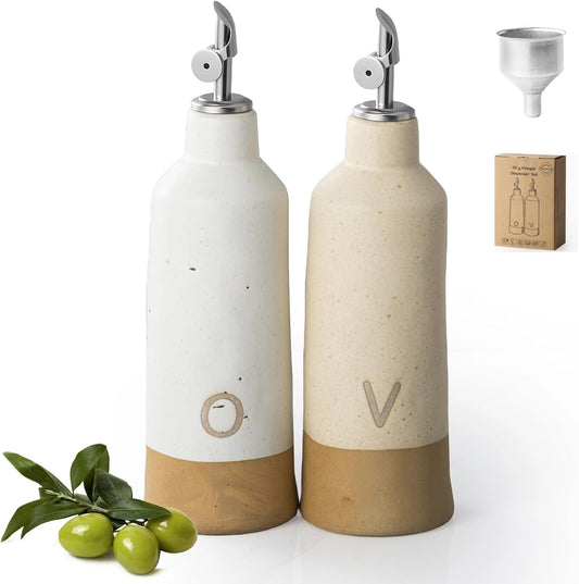 18oz Olive Oil Dispenser Bottle for Kitchen, Ceramic Oil and Vinegar Dispenser Set with Automatic Stainless Steel Pourer
