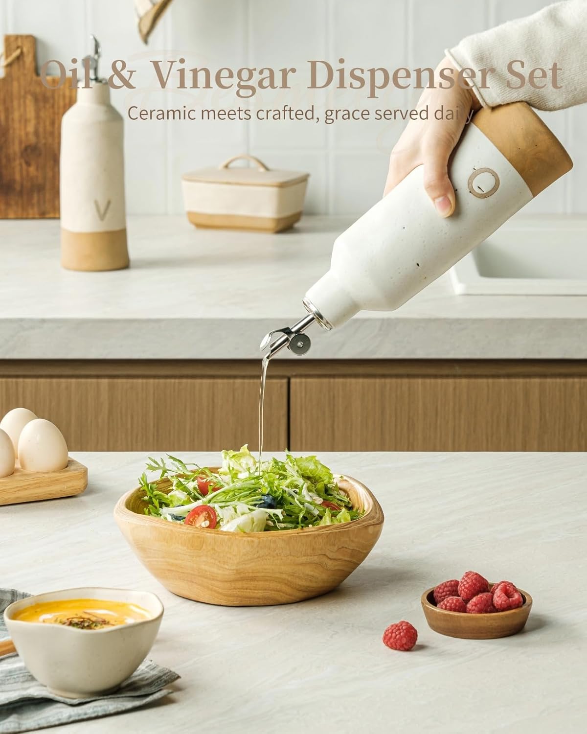 18oz Olive Oil Dispenser Bottle for Kitchen, Ceramic Oil and Vinegar Dispenser Set with Automatic Stainless Steel Pourer