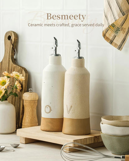 18oz Olive Oil Dispenser Bottle for Kitchen, Ceramic Oil and Vinegar Dispenser Set with Automatic Stainless Steel Pourer
