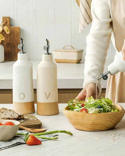 18oz Olive Oil Dispenser Bottle for Kitchen, Ceramic Oil and Vinegar Dispenser Set with Automatic Stainless Steel Pourer