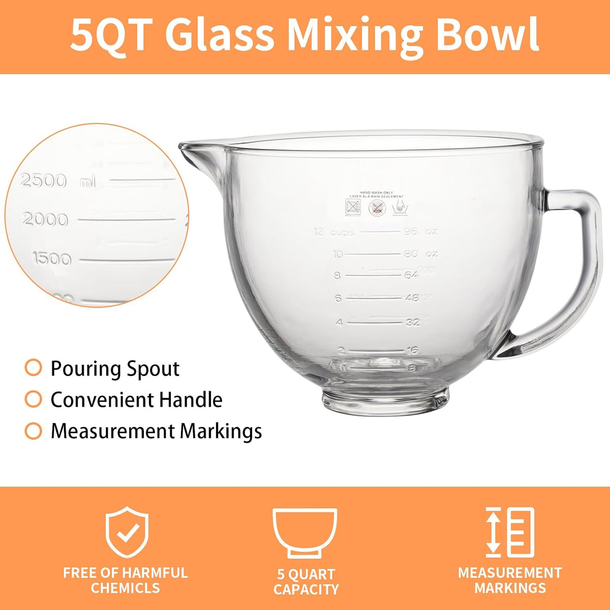 XINBOOG 5QT Glass Bowl Compatible with KitchenAid 4.5-5 QT Tilt Stand Mixer