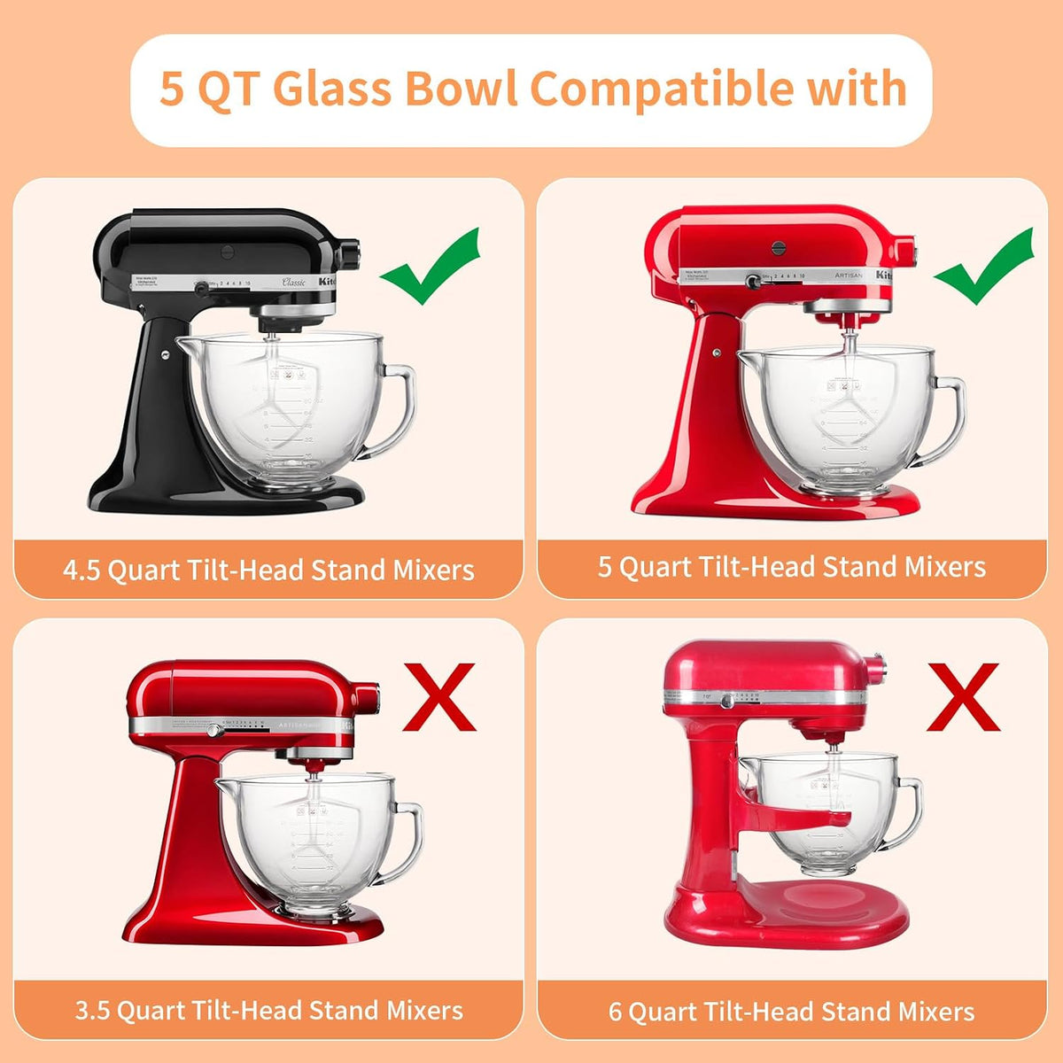 XINBOOG 5QT Glass Bowl Compatible with KitchenAid 4.5-5 QT Tilt Stand Mixer