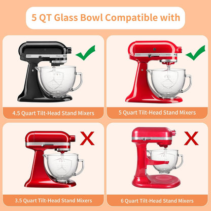 XINBOOG 5QT Glass Bowl Compatible with KitchenAid 4.5-5 QT Tilt Stand Mixer