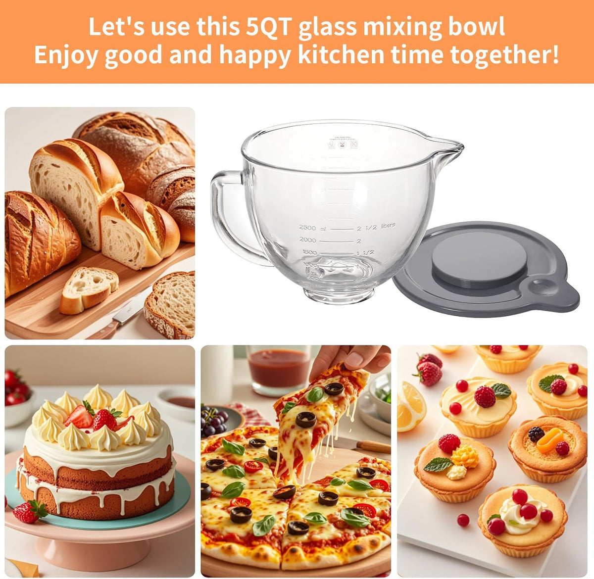 XINBOOG 5QT Glass Bowl Compatible with KitchenAid 4.5-5 QT Tilt Stand Mixer