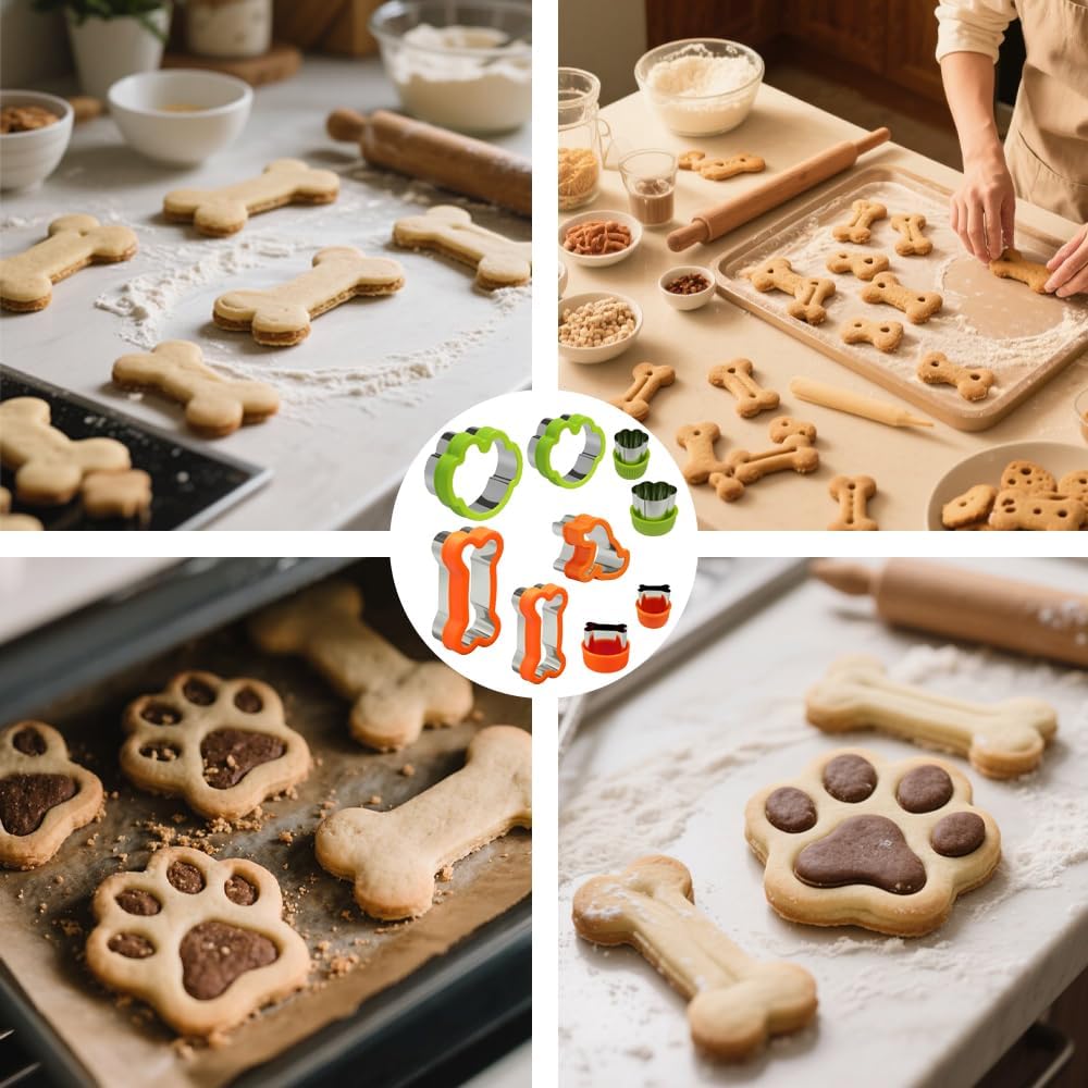 Dog Cookie Cutter Set, 9 Pieces, Assorted Sizes | Bone, Paw Print, Puppy Shapes, Stainless Steel Dog Treats Biscuit Molds with Detachable Plastic Cover, Safe for Kids